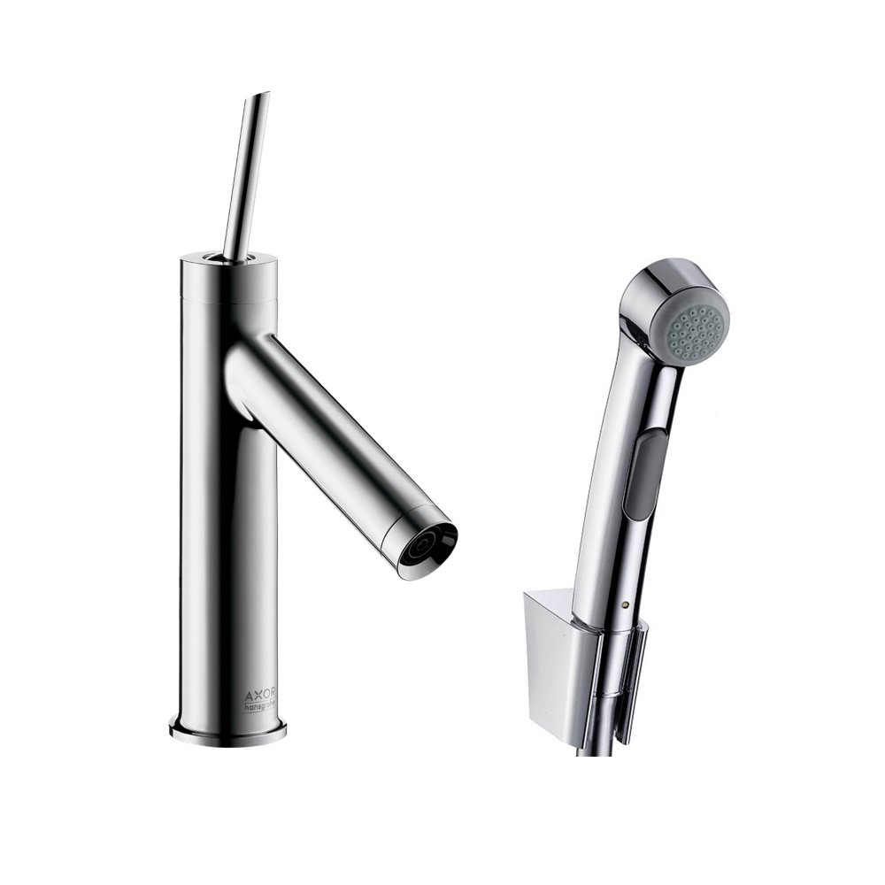 Смеситель для раковины AXOR Starck 90 со сливным гарнитуром и гигиеническим душем 10300000, хром