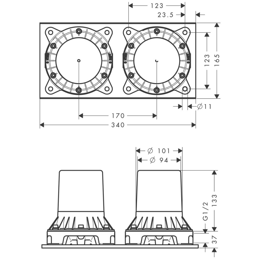 Скрытая часть смесителя для ванны AXOR Montreux с двумя рукоятками установка на полу 1/2   16549180