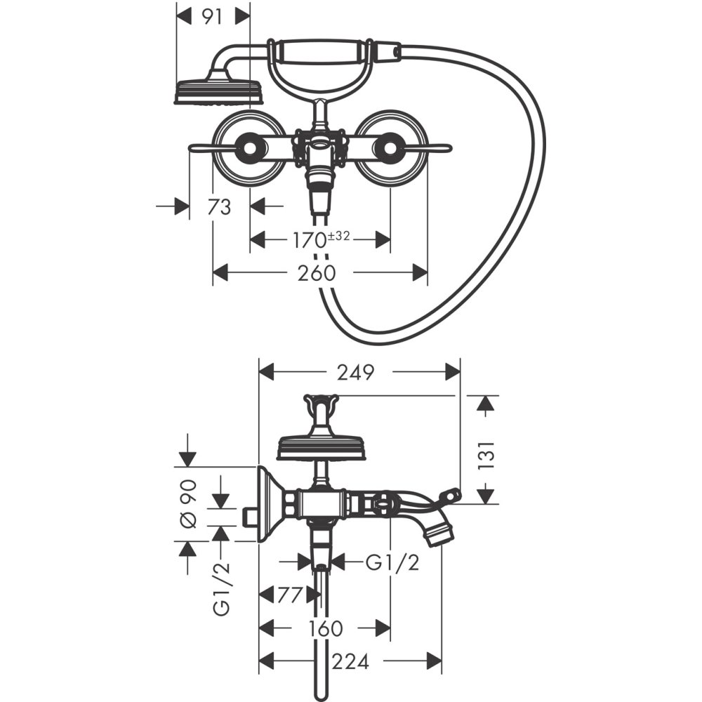 Смеситель для ванны AXOR Montreux с двумя рычаговыми рукоятками внешнего монтажа хром  16551000