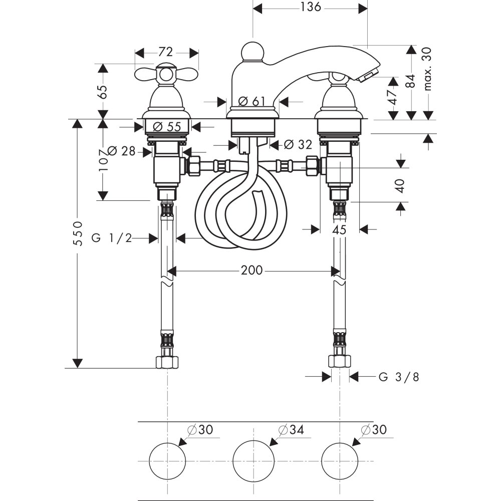 Смеситель AXOR Carlton для раковины с высотой излива 50 мм на 3 отверстия с крестовыми рукоятками со сливным гарнитуром хром и золото  17133000