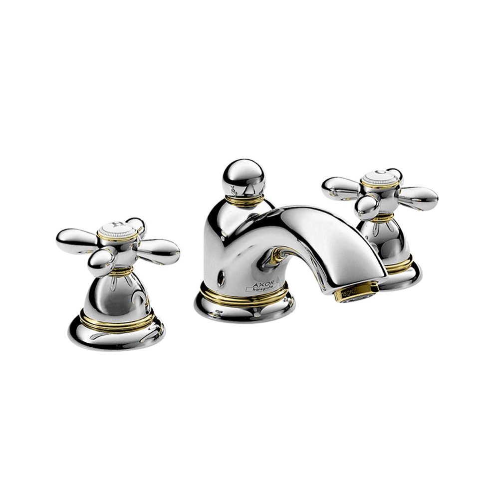 Смеситель AXOR Carlton для раковины с высотой излива 50 мм на 3 отверстия с крестовыми рукоятками со сливным гарнитуром хром и золото  17133000