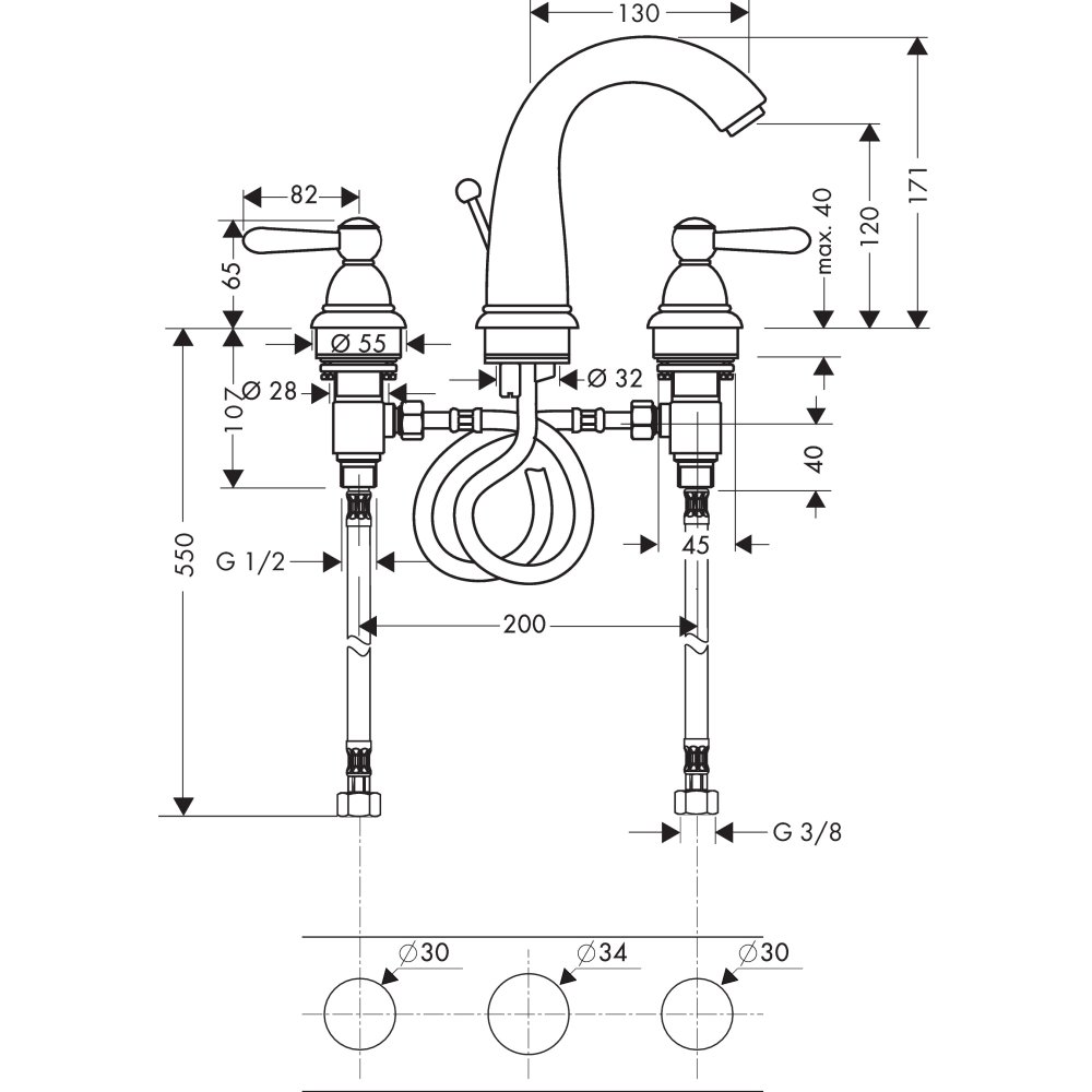 Смеситель AXOR Carlton для раковины с высотой излива 120 мм на 3 отверстия с рычаговыми рукоятками со сливным гарнитуром хром  17134000