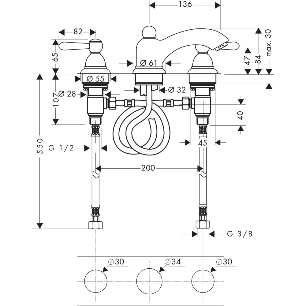 Смеситель AXOR Carlton для раковины с высотой излива 50 мм на 3 отверстия с рычаговыми рукоятками со сливным гарнитуром хром и золото  17135000