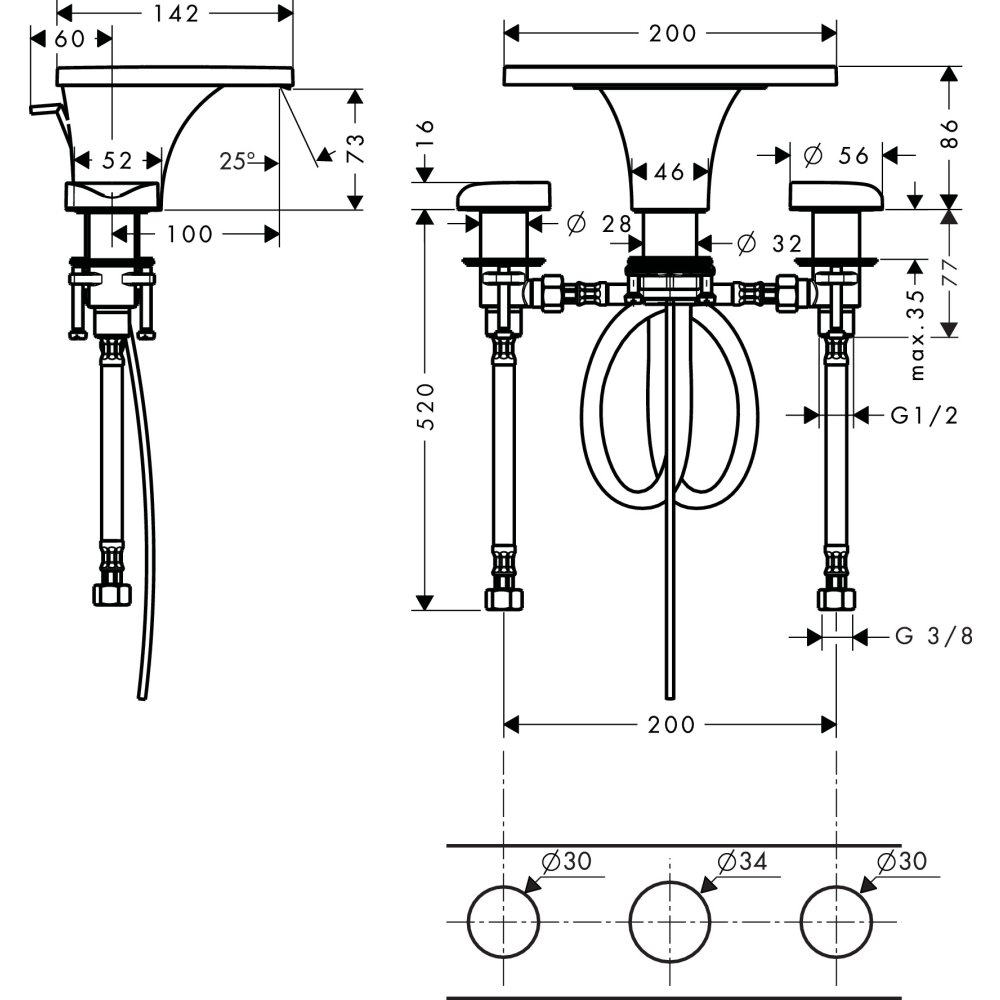 Смеситель AXOR Uno для раковины напольный с рукояткой петлей с неперекрываемым сливным набором хром  18013000