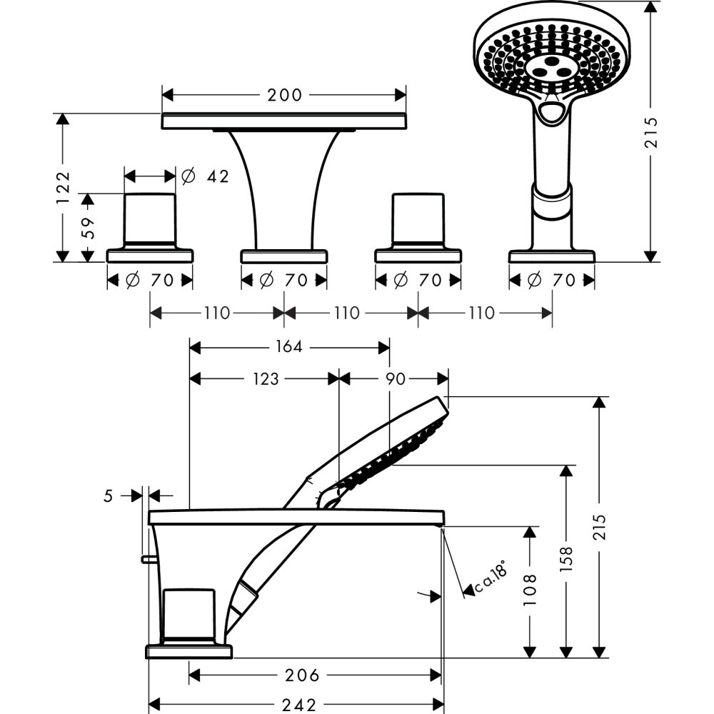 Смеситель AXOR Carlton на край ванны на 4 отверстия с крестовыми рукоятками 1/2  хром  18440000