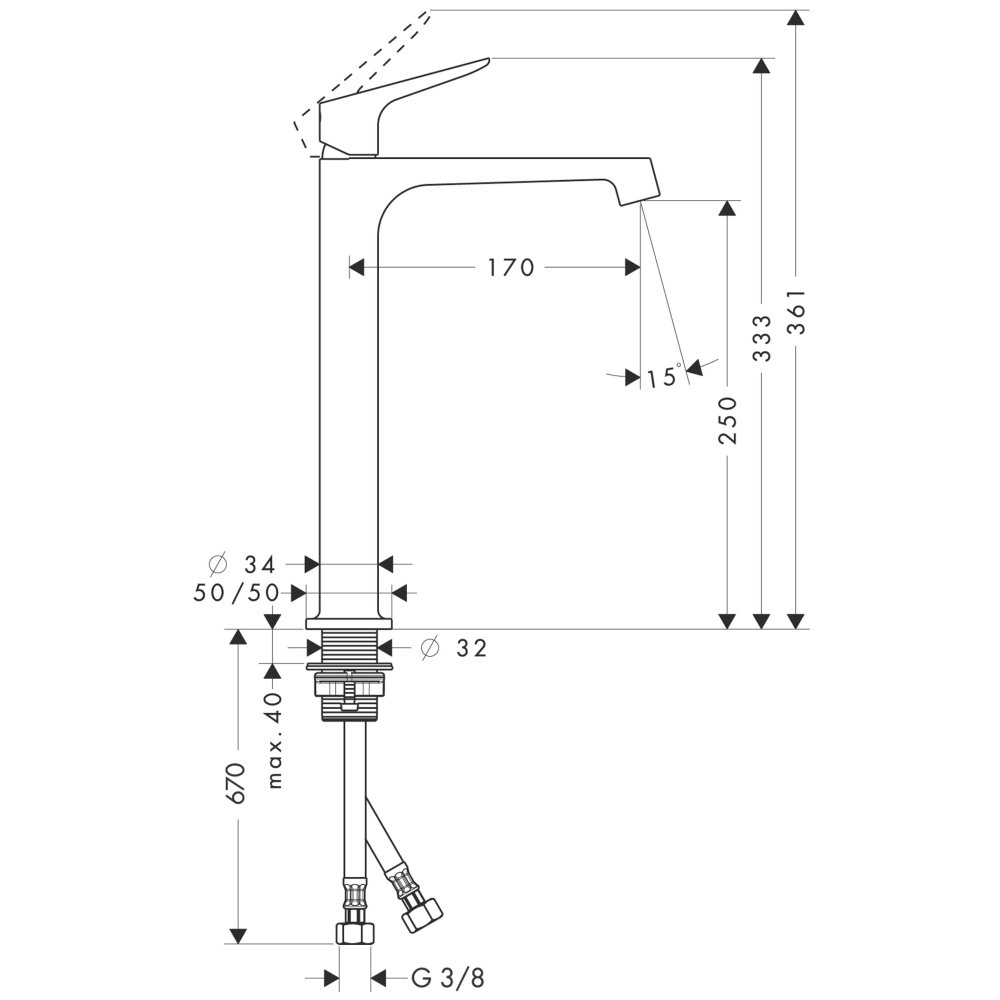 Смеситель AXOR Citterio E для раковины в форме таза с высотой излива 250 мм с незапираемым сливным набором хром  34127000