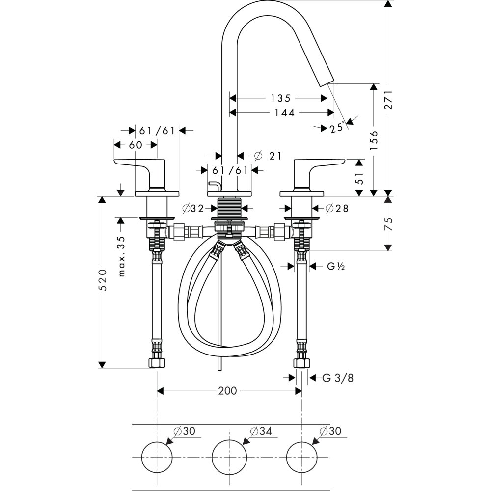 Смеситель AXOR Citterio M для раковины с высотой излива 160 мм на 3 отверстия с рычаговыми рукоятками розетками и коротким изливом хром  34133000