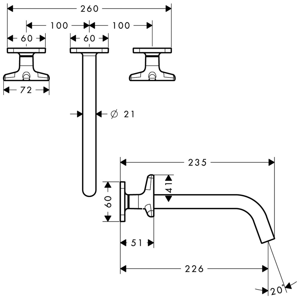 Смеситель AXOR Citterio для раковины на 3 отверстия с рычаговыми рукоятками панелью и изливом 226 мм с незапираемым сливным набором настенный монтаж и для скрытого монтажа хром  34217000