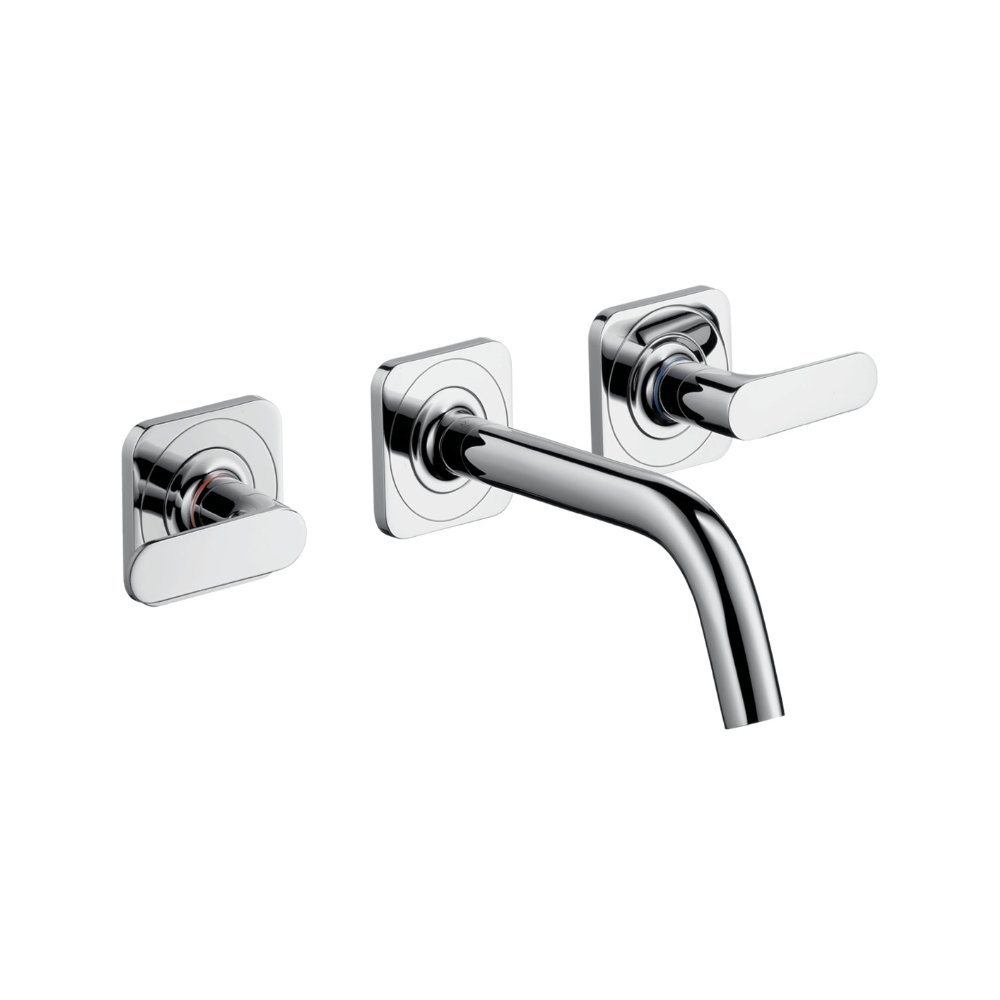 Смеситель для раковины на 3 отверстия, скрытого монтажа, с изливом 166 мм, с рычаговыми рукоятками, с отдельными розетками