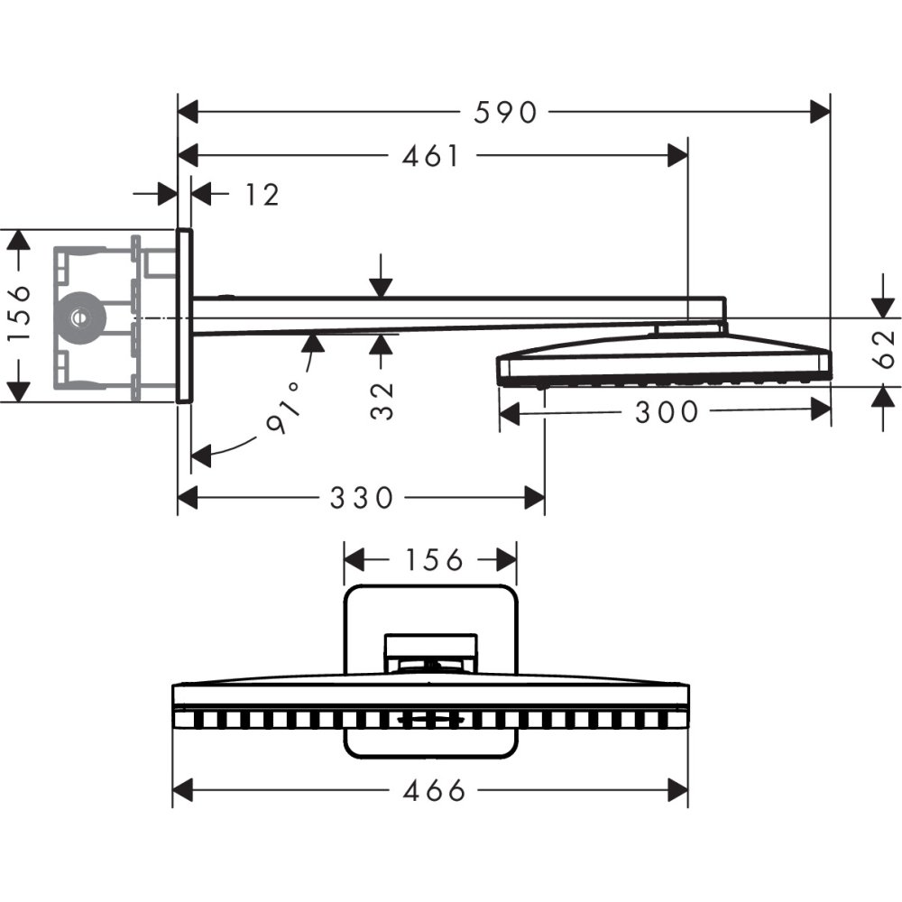 Верхний душ AXOR ShowerSolutions 460 х 360 3jet с душевым держателем и с розеткой со скругленными углами хром  35276000
