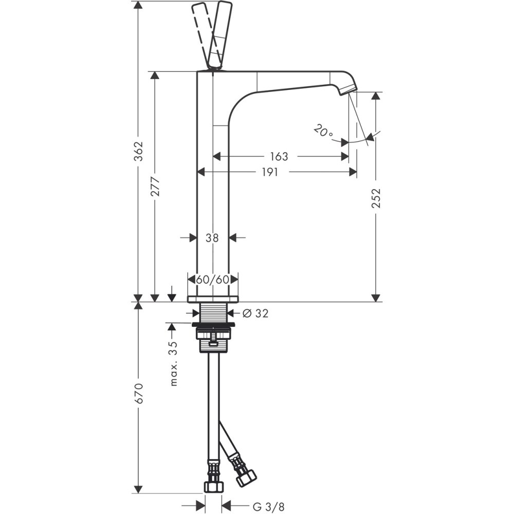 Смеситель AXOR Citterio E для раковины в форме таза с высотой излива 250 мм с рычаговой рукояткой без донного клапана хром  36104000