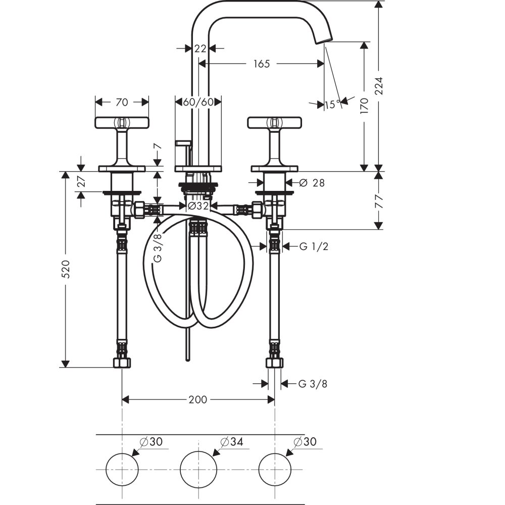 Смеситель AXOR Citterio E для раковины с высотой излива 170 мм на 3 отверстия с розетками и донным клапаном хром  36108000