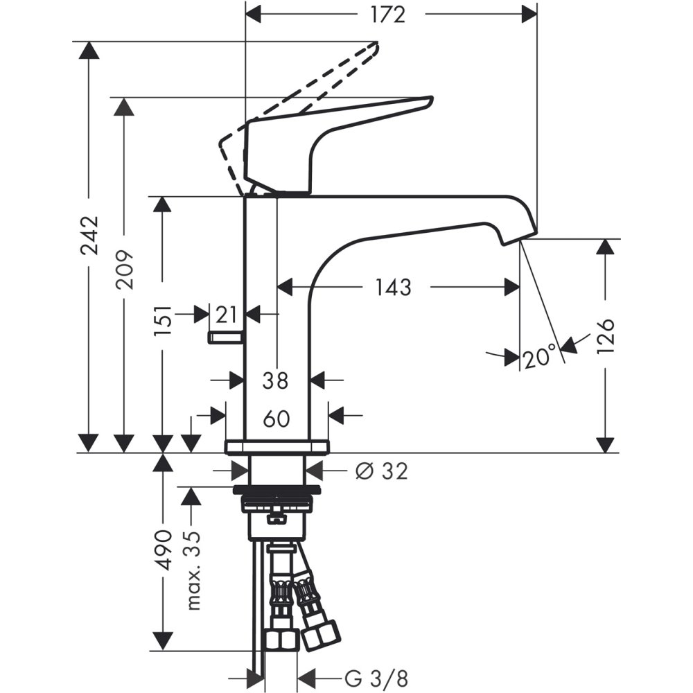 Смеситель AXOR Citterio E для раковины с высотой излива 125 мм с рычаговой рукояткой и сливным гарнитуром хром  36110000