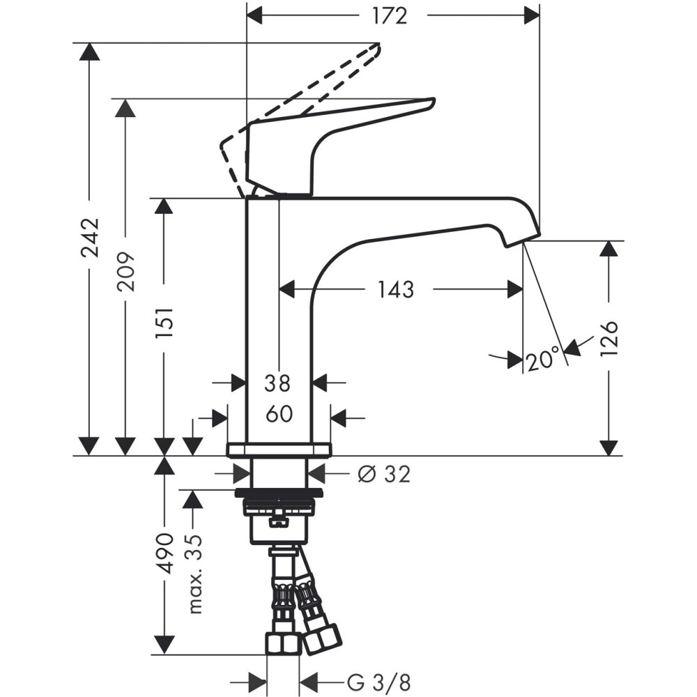 Смеситель AXOR Citterio E для раковины с высотой излива 125 мм с рычаговой рукояткой без донного клапана хром  36111000