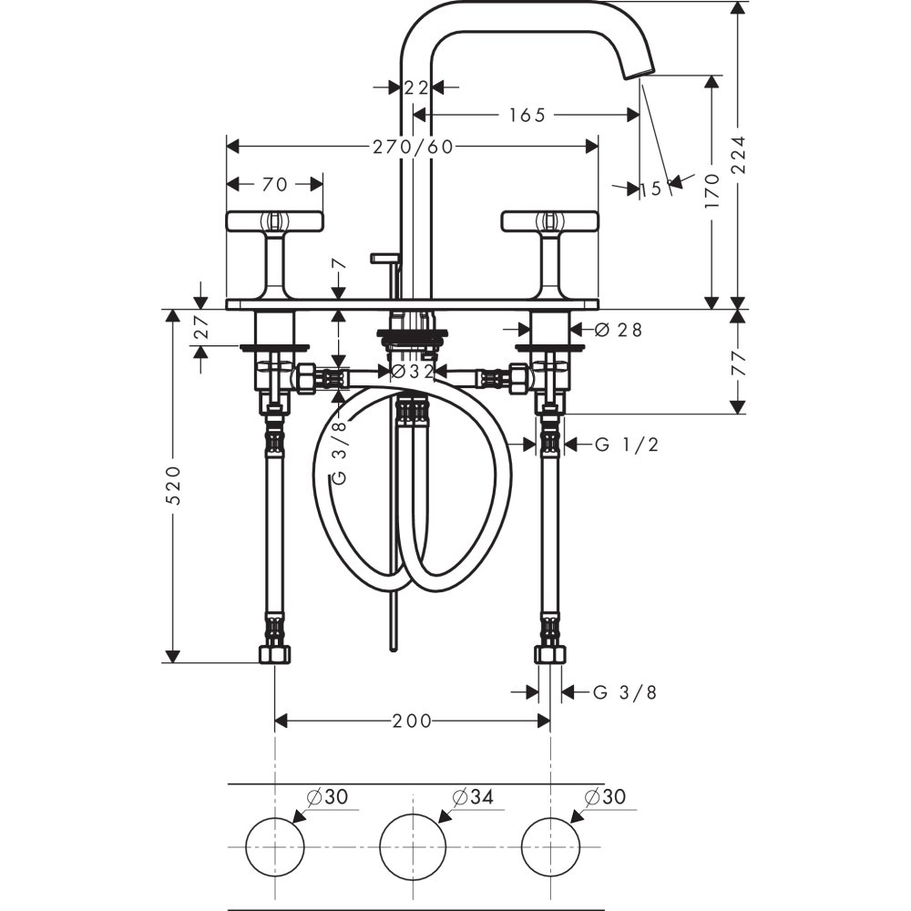 Смеситель AXOR Citterio E для раковины с высотой излива 170 мм на 3 отверстия с панелью и сливным гарнитуром хром  36116000