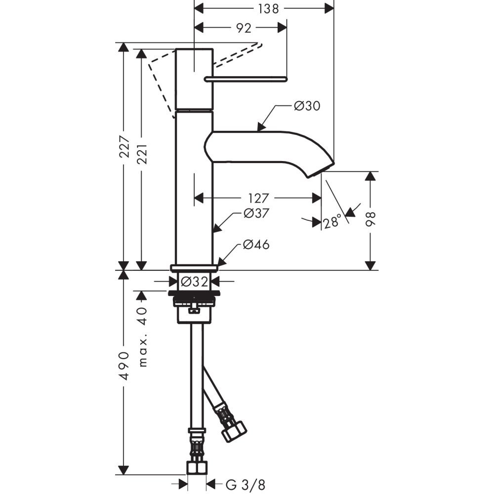 Смеситель AXOR Uno для раковины с высотой излива 100 мм с рукояткой петлей с неперекрываемым сливным набором шлифованный никель  38026820