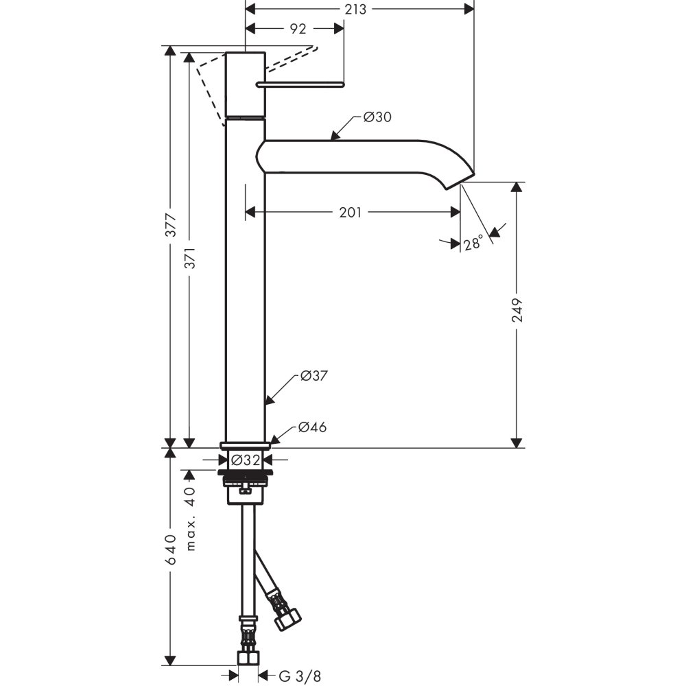 Смеситель AXOR Uno для раковины с высотой излива 250 мм с рукояткой петлей с незапираемым сливным набором шлифованный никель  38034000