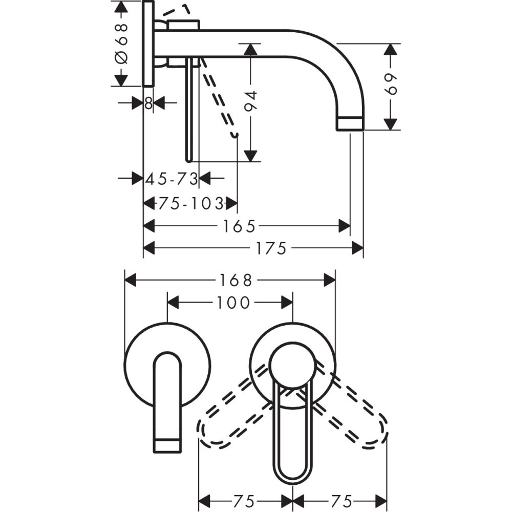 Смеситель AXOR Uno для раковины с рукояткой петлей излив 165 с незапираемым сливным набором настенный монтаж и для скрытого монтажа полированная латунь  38121820