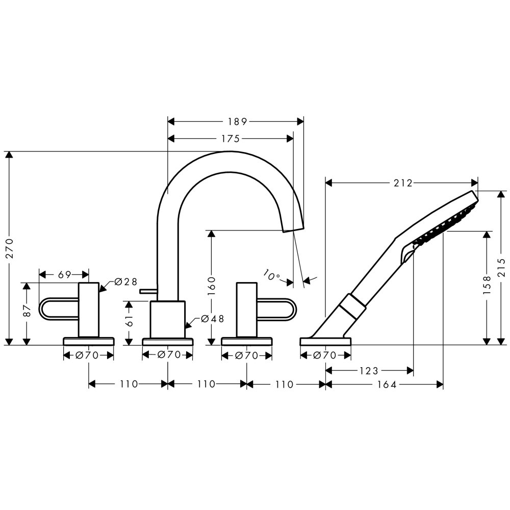 Смеситель AXOR Uno на край ванны на 4 отверстия с рукояткой петлей шлифованный никель  38445000