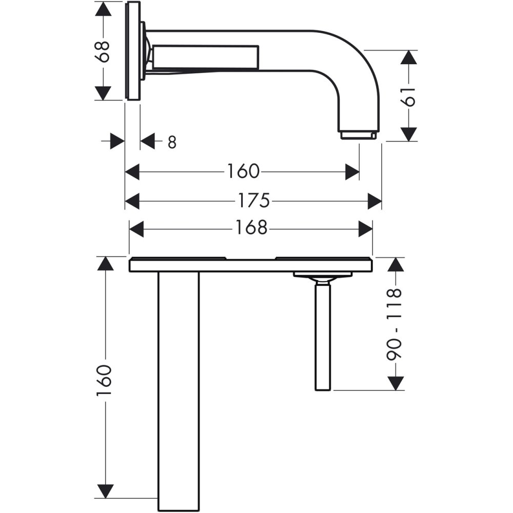 Смеситель AXOR Citterio M для раковины с панелью и изливом 167 мм с незапираемым сливным набором настенный монтаж и для скрытого монтажа хром  39112000