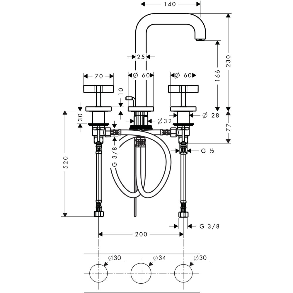 Смеситель AXOR Citterio для раковины с высотой излива 170 мм на 3 отверстия с крестовыми рукоятками и розетками со сливным гарнитуром хром  39133000