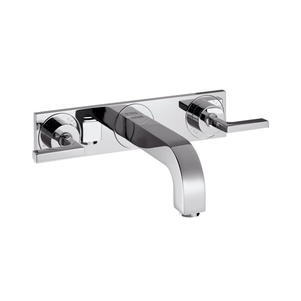 Смеситель AXOR Citterio для раковины на 3 отверстия с рычаговыми рукоятками розетками и изливом 162 мм с незапираемым сливным набором настенный монтаж и для скрытого монтажа хром  39148000