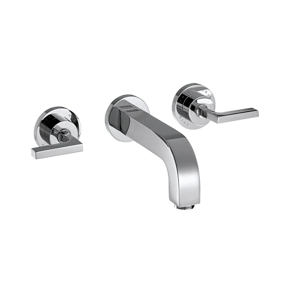 Смеситель AXOR Citterio M для раковины на 3 отверстия с рычаговыми рукоятками розетками и изливом 166 мм с незапираемым сливным набором настенный монтаж и для скрытого монтажа хром  39315000