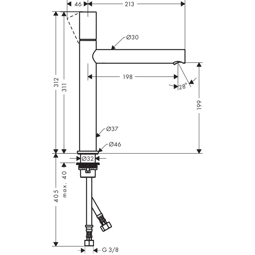 Смеситель AXOR Uno для раковины с высотой излива 200 мм с рукояткой zero с незапираемым сливным набором полированная латунь  45003820