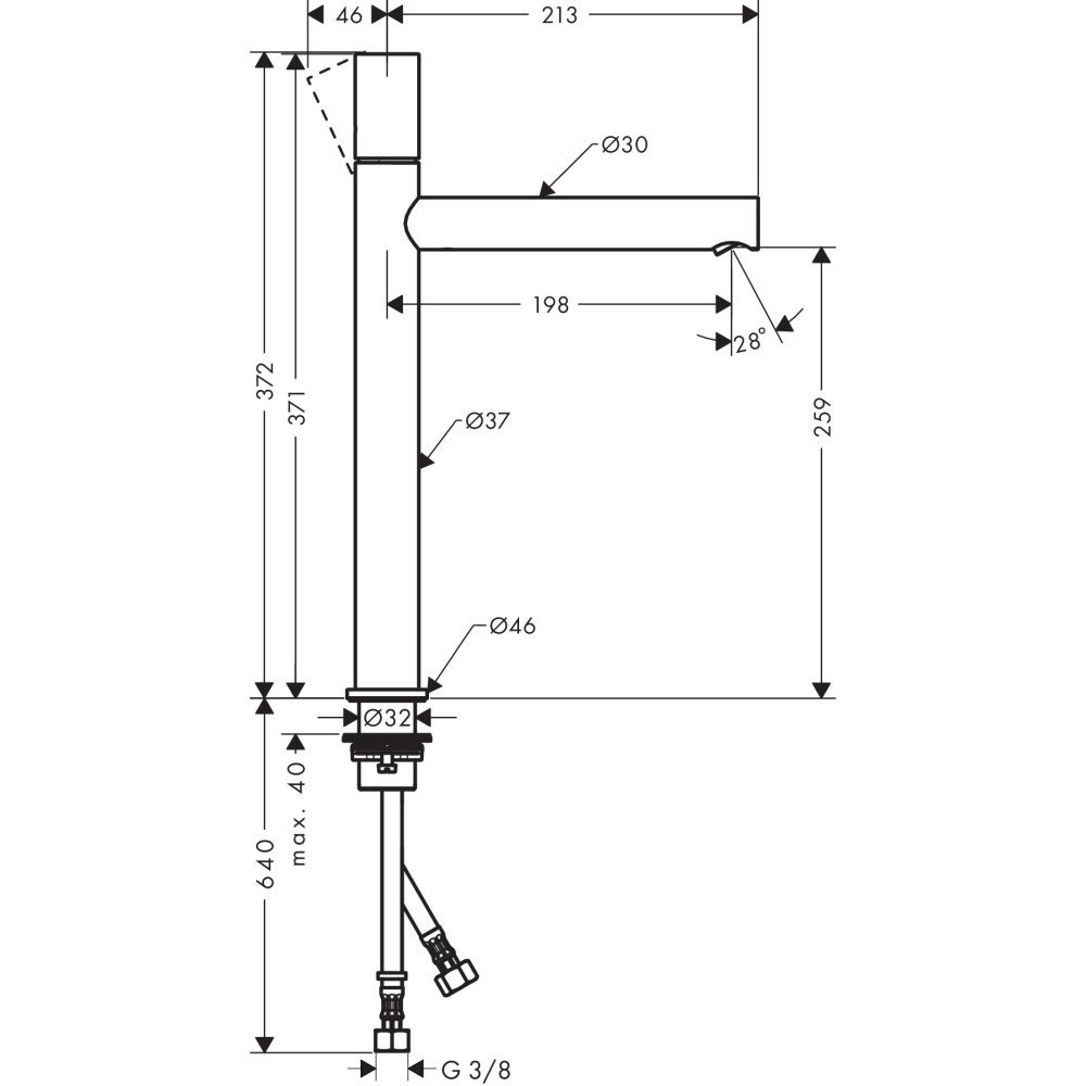Смеситель AXOR Uno для раковины с высотой излива 260 мм с рукояткой zero с незапираемым сливным набором полированная латунь  45004820