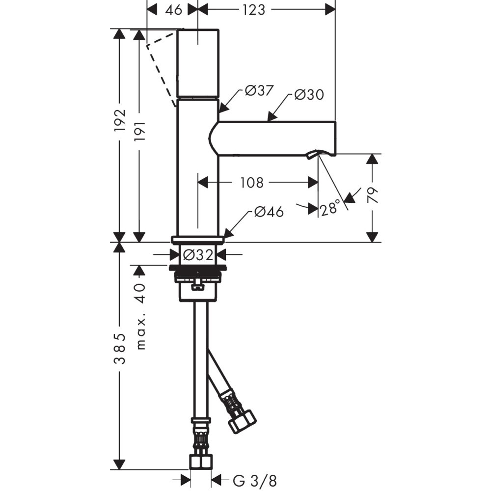 Смеситель AXOR Uno для раковины с высотой излива 80 мм с рукояткой zero с незапираемым сливным набором полированная латунь  45005820