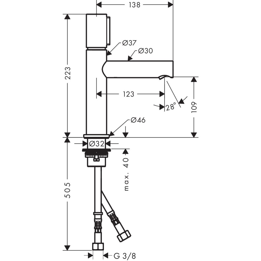 Смеситель AXOR Uno для раковины с высотой излива 110 мм Select с неперекрываемым сливным набором хром  45012000