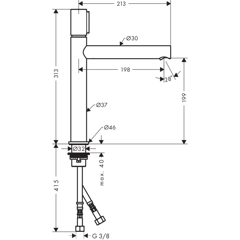 Смеситель AXOR Uno для раковины с высотой излива 200 мм Select с незапираемым сливным набором шлифованный никель  45013000