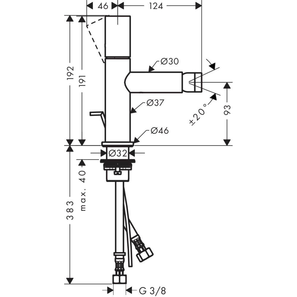 Смеситель для биде AXOR Uno с рукояткой zero со сливным гарнитуром шлифованный никель  45200820