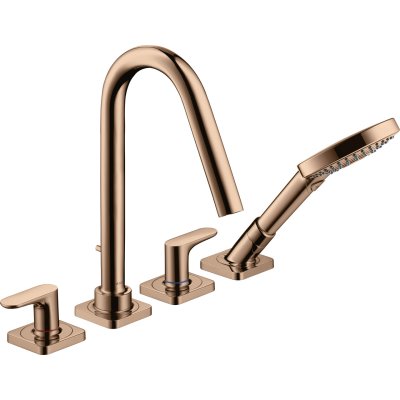 Смеситель для ванны Axor Citterio M, на 4 отверстия, монтаж на плитку, с рычаговыми рукоятками, с отдельными розетками, 34454300, полированное красное золото 